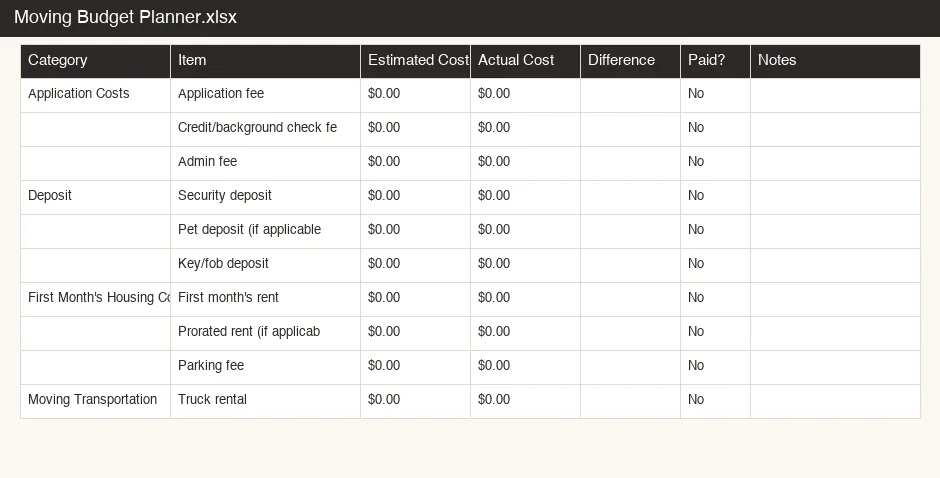 Screenshot of the FirstPlace Moving Budget Planner spreadsheet