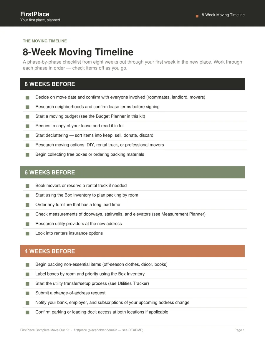 Screenshot of the FirstPlace 8-Week Moving Timeline checklist
